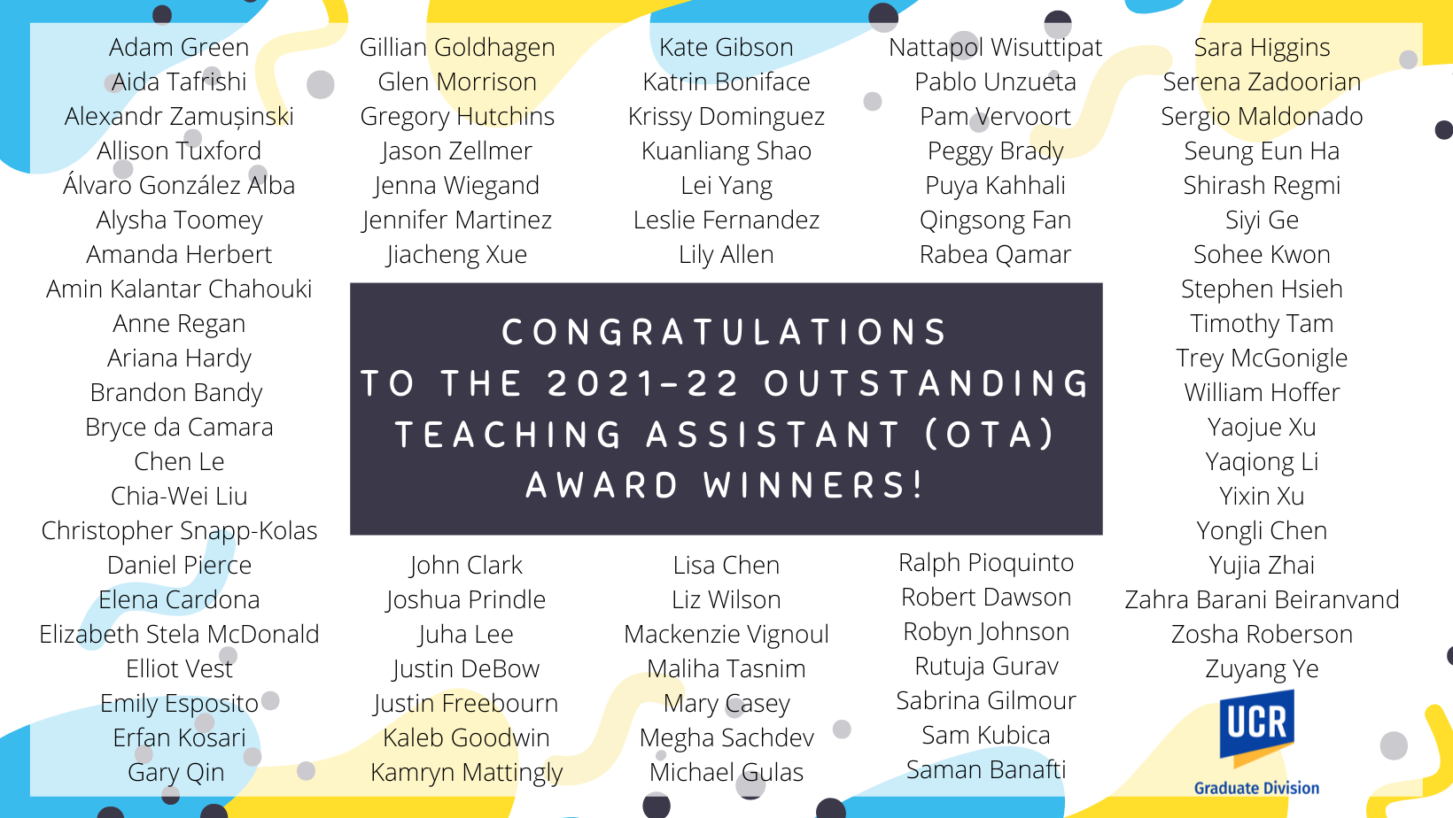 A colorful announcement of the 2021-22 Outstanding Teaching Assistant Award Winners by Name