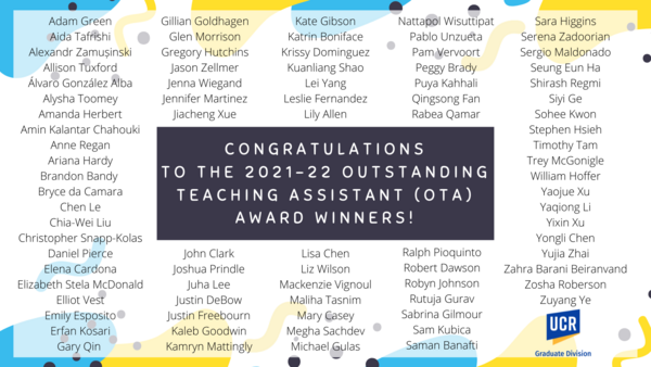 A colorful announcement of the 2021-22 Outstanding Teaching Assistant Award Winners by Name