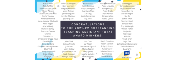 This is a list of the OTA Award winners for 2022. For a text version, visit: https://tadp.ucr.edu/teaching-awards/outstanding-teaching-assistant-awards