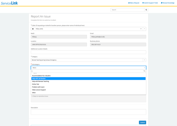 This is a screenshot of the ServiceLink user interface