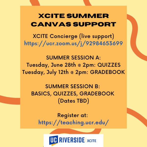 Yellow and orange flyer with information on Summer Sessions Canvas support and the XCITE logo